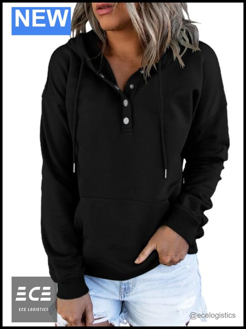 Oversized Button Front Drawstring Hooded Sweatshirt Kangaroo Pocket